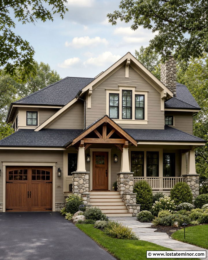 Greige Craftsman With Cedar Entry Awning - 30 Greige House Design With Awning Ideas