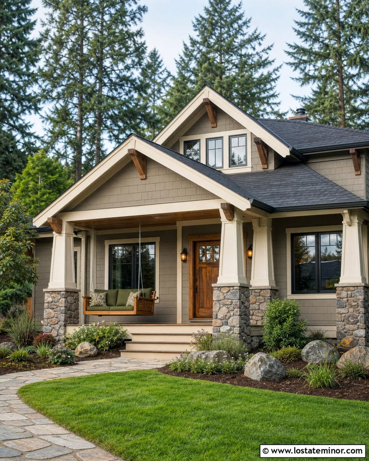 Greige Craftsman With Cedar Porch Swing - 30 Greige House Design With Swing Ideas