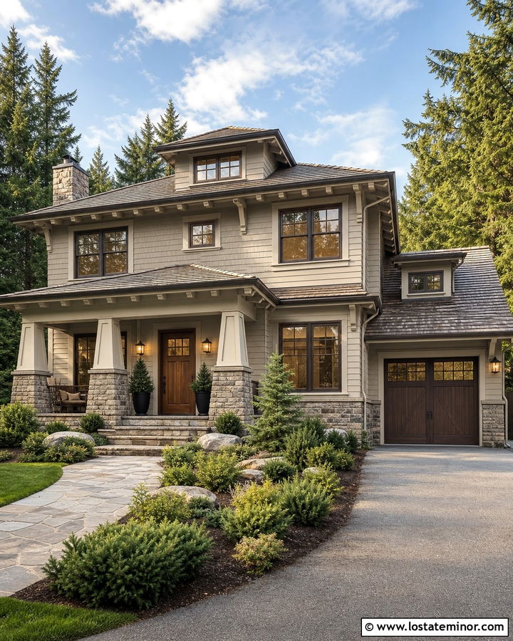 Greige Craftsman With Fieldstone Wainscoting - 30 Greige House Design With Wainscoting Ideas