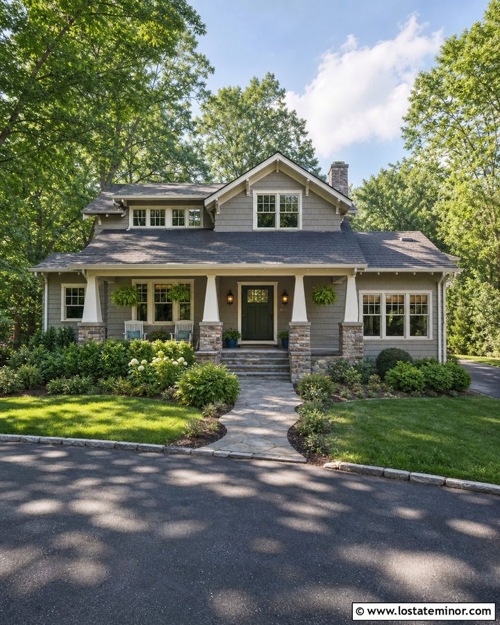 Greige Craftsman With Forest Green Door - 30 Greige House Design With Entry Door Ideas
