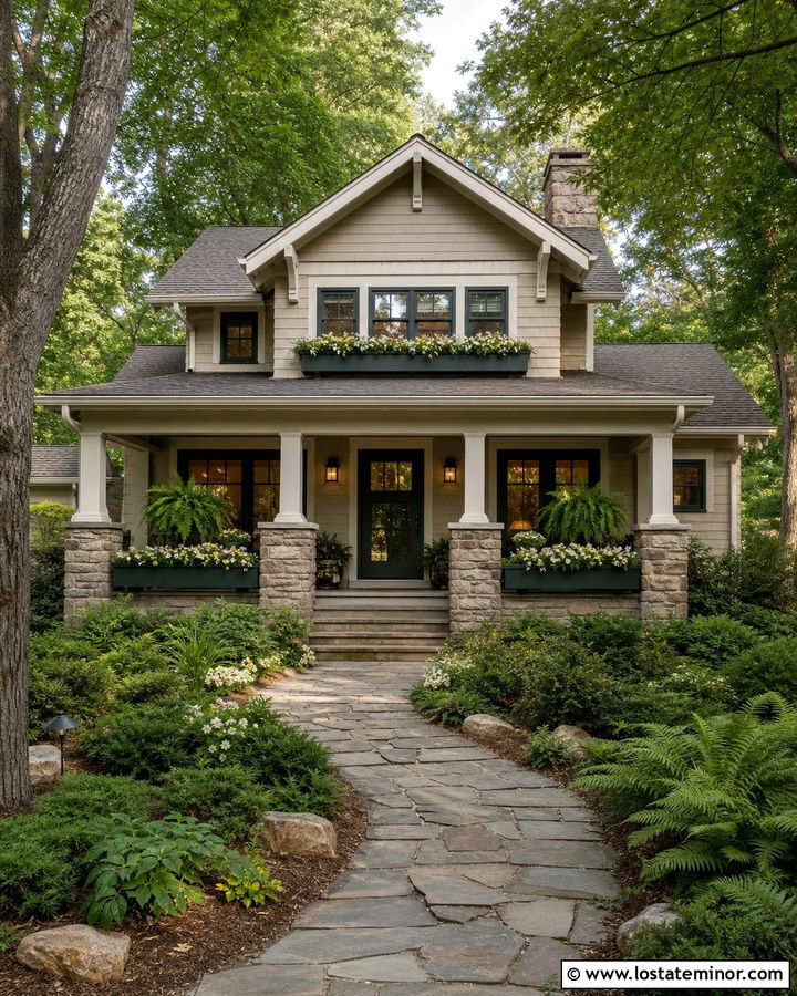 Greige Craftsman With Green Window Boxes - 30 Greige House Design With Window Boxes Ideas