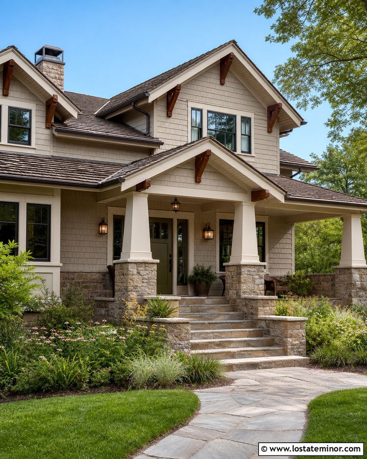 Greige Craftsman With Stone Base Columns - 30 Greige House Design With Porch Columns Ideas