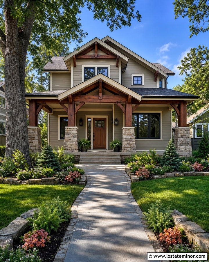 Greige Craftsman With Stone Garden Beds - 30 Greige House Design With Front Yard Ideas