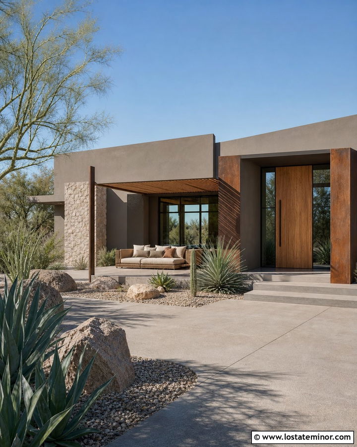 Greige Desert House With Courtyard Daybed - 30 Greige House Design With Daybed Ideas