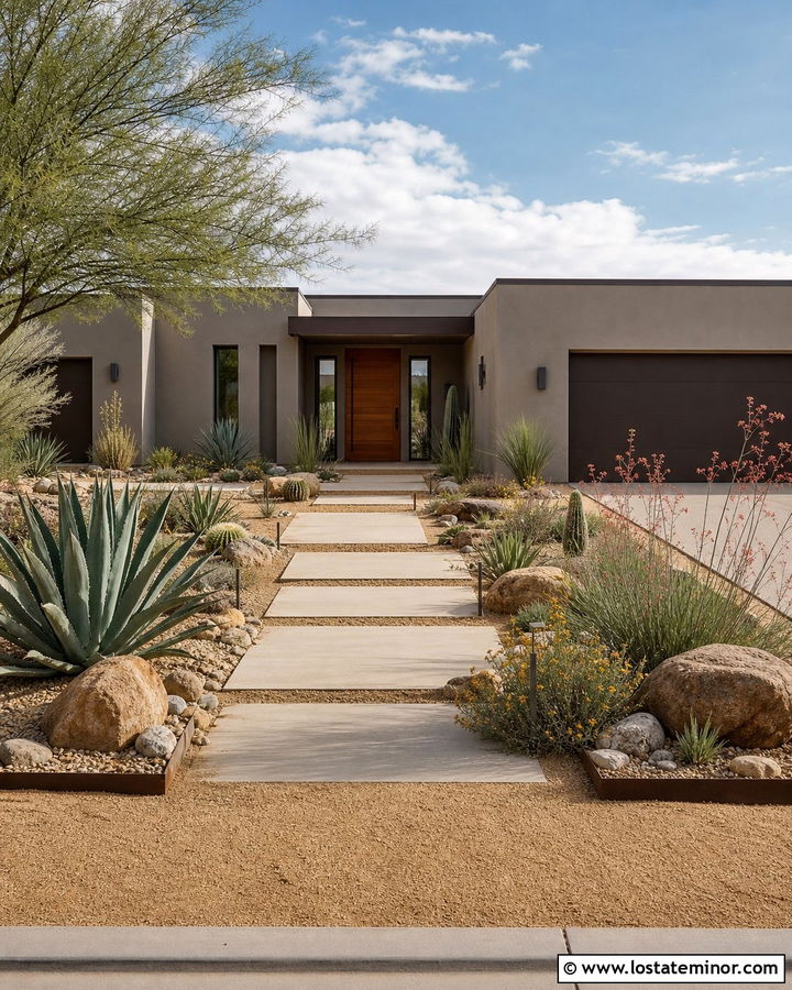 Greige Desert House With Decomposed Granite Walkway - 30 Greige House Design With Walkway Ideas