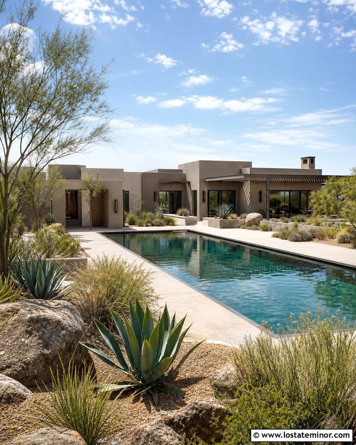 Greige Desert House With Pool - 30 Greige House Design With Swimming Pool Ideas