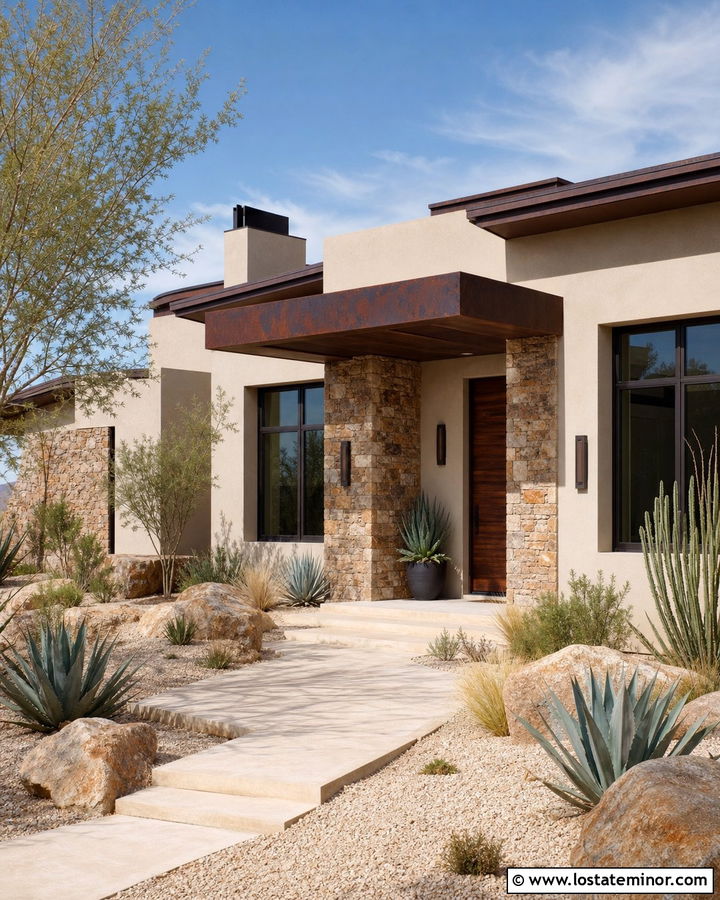 Greige Desert House With Rust Metal Awning - 30 Greige House Design With Awning Ideas