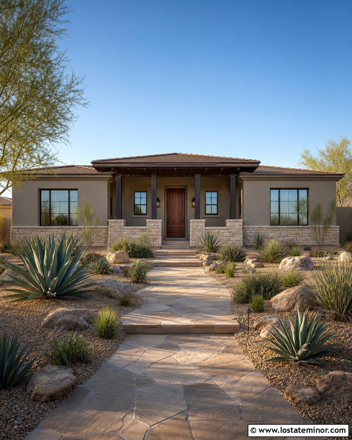Greige Desert House With Shaded Front Porch - 30 Greige House Design With Front Porch Ideas