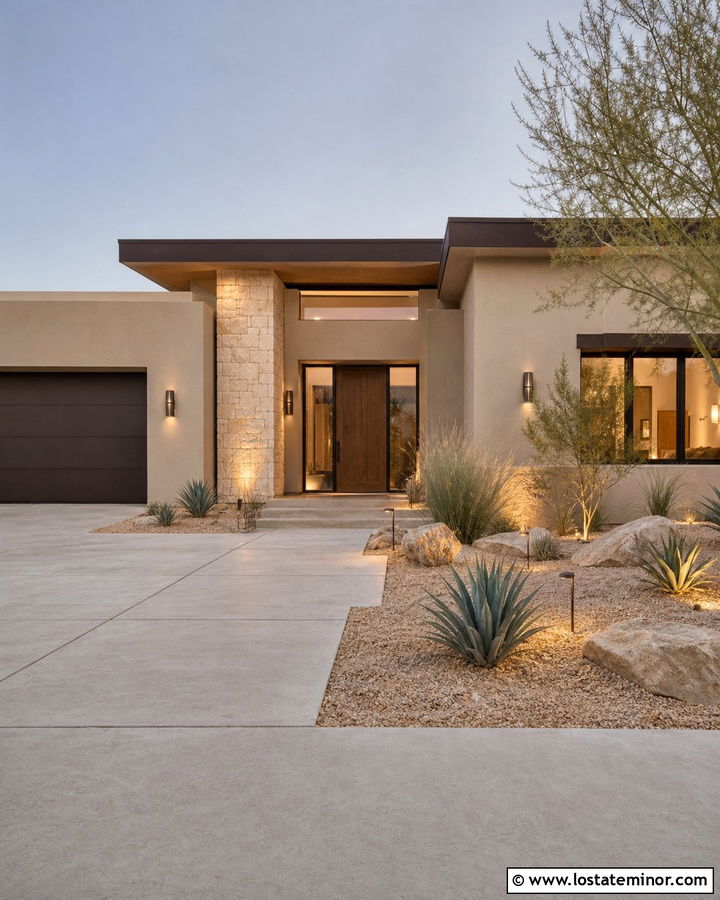 Greige Desert House With Warm Wall Lighting - 30 Greige House Design With Lighting Ideas