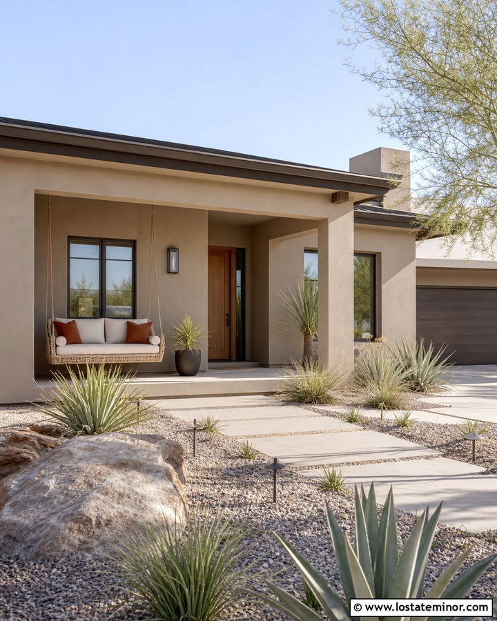 Greige Desert House With Woven Swing - 30 Greige House Design With Swing Ideas