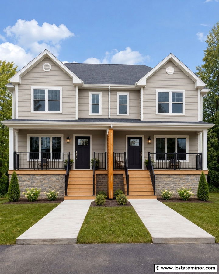 Greige Duplex House With Divided Deck - 30 Greige House Design With Deck Ideas