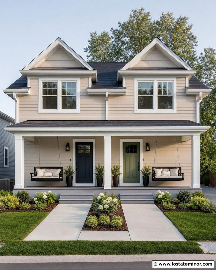 Greige Duplex With Matching Porch Swings - 30 Greige House Design With Swing Ideas