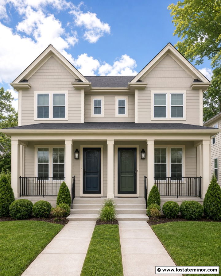 Greige Duplex With Matching Screen Doors - 30 Greige House Design With Screen Door Ideas