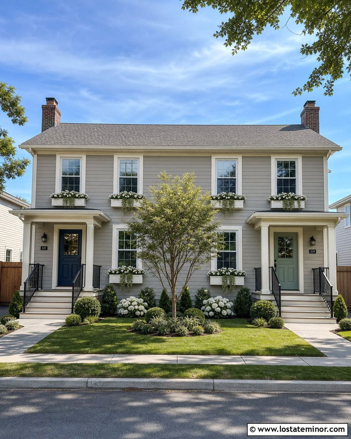 Greige Duplex With Matching Window Boxes - 30 Greige House Design With Window Boxes Ideas