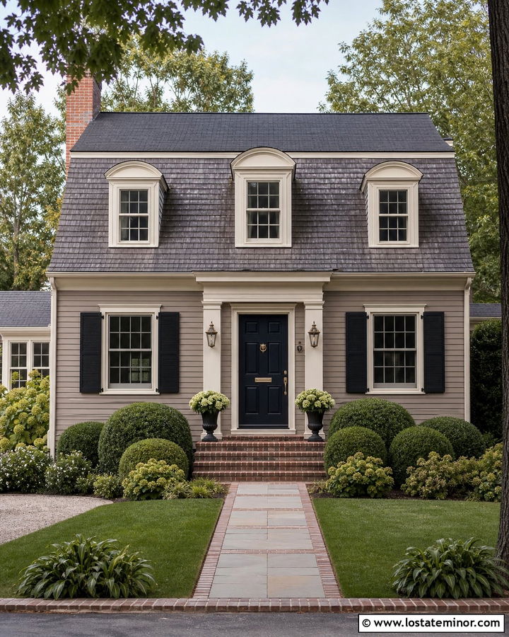 Greige Dutch Colonial With Cedar Shake Upper Siding - 30 Greige House Design With Cedar Shake Ideas