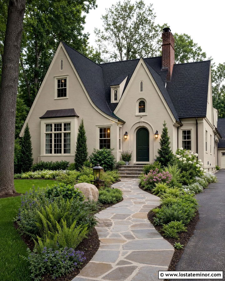 Greige English Cottage With Winding Stone Walkway - 30 Greige House Design With Walkway Ideas