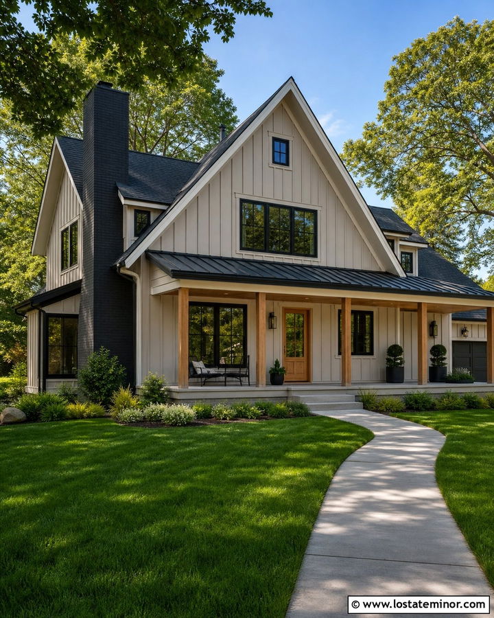 Greige Farmhouse With Black Brick Chimney - 30 Greige House Design With Chimney Ideas
