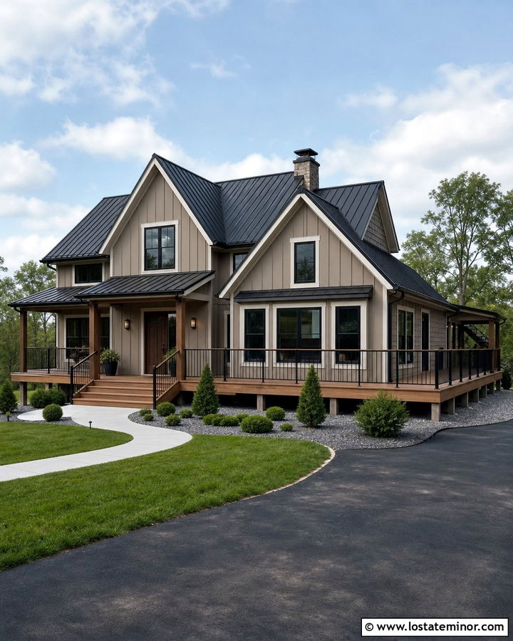Greige Farmhouse With Black Deck Railing - 30 Greige House Design With Deck Ideas
