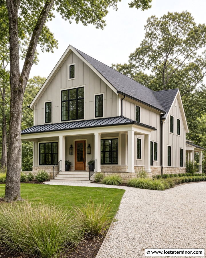 Greige Farmhouse With Black Grid Windows - 30 Greige House Design With Window Frames Ideas