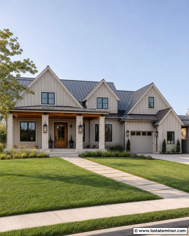 Greige Farmhouse With Black Lantern Lighting - 30 Greige House Design With Lighting Ideas