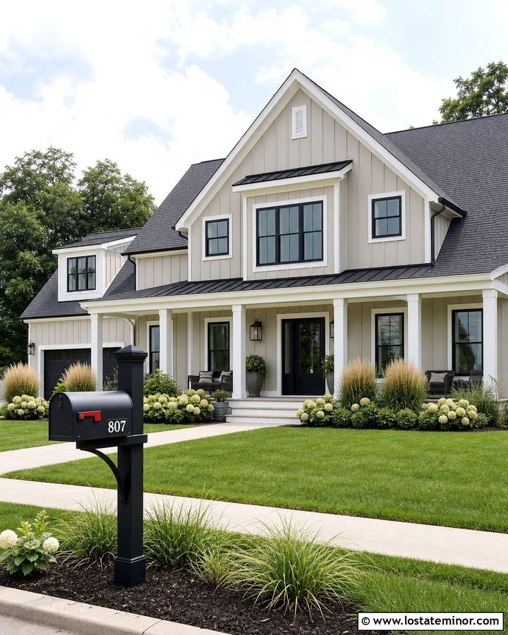 Greige Farmhouse With Black Mailbox - 30 Greige House Design With Mailbox Ideas