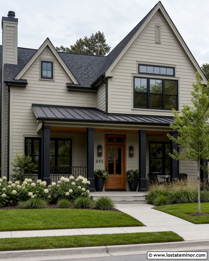 Greige Farmhouse With Black Porch Columns - 30 Greige House Design With Porch Columns Ideas