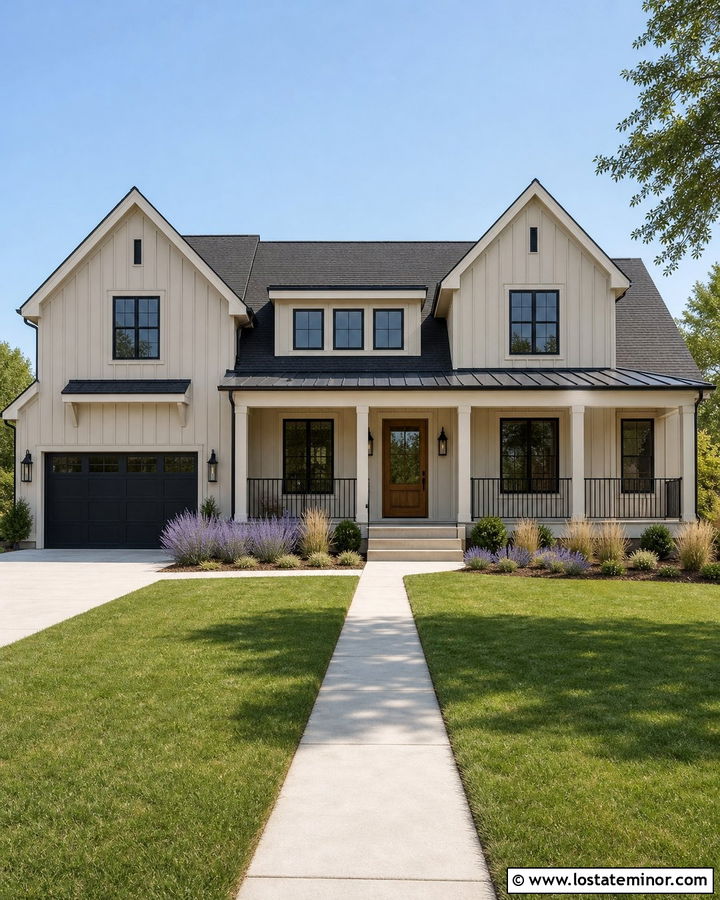 Greige Farmhouse With Black Porch Railings - 30 Greige House Design With Railings Ideas