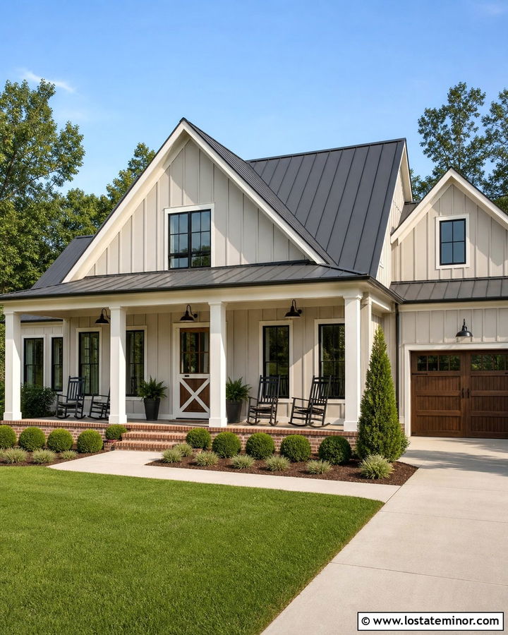 Greige Farmhouse With Crossbuck Screen Door - 30 Greige House Design With Screen Door Ideas