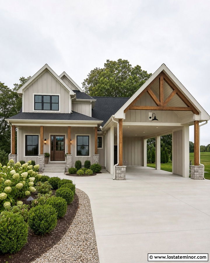 Greige Farmhouse With Gable Carport - 30 Greige House Design With Carport Ideas