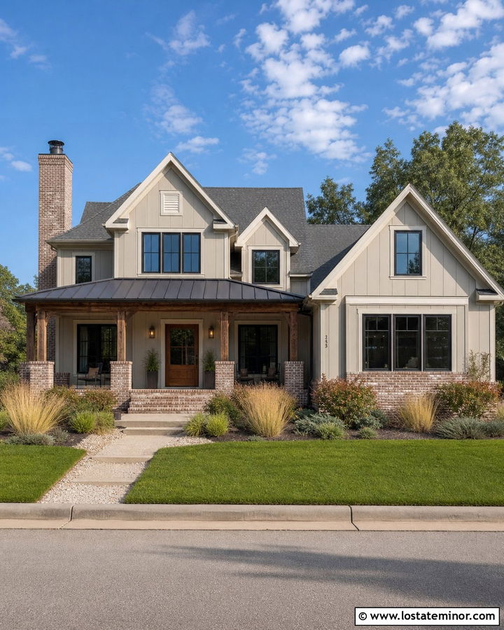 Greige Farmhouse With German Schmear Brick - 30 Greige House Design With Brick Accents Ideas