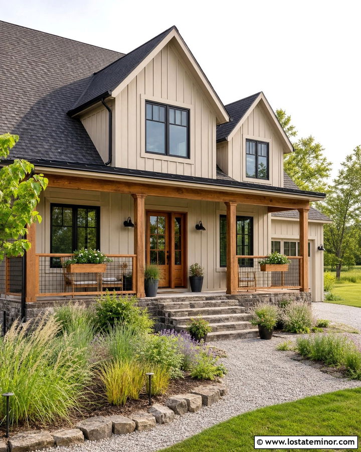 Greige Farmhouse With Hog Wire Railings - 30 Greige House Design With Railings Ideas