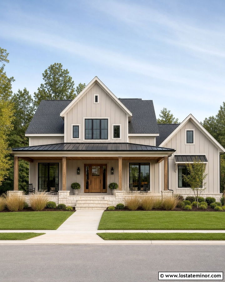 Greige Farmhouse With Mixed Metal Roof - 30 Greige House Design With Roof Ideas