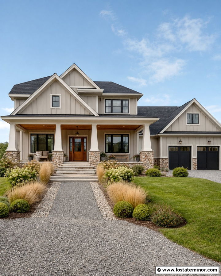 Greige Farmhouse With Natural Wood Door - 30 Greige House Design With Entry Door Ideas