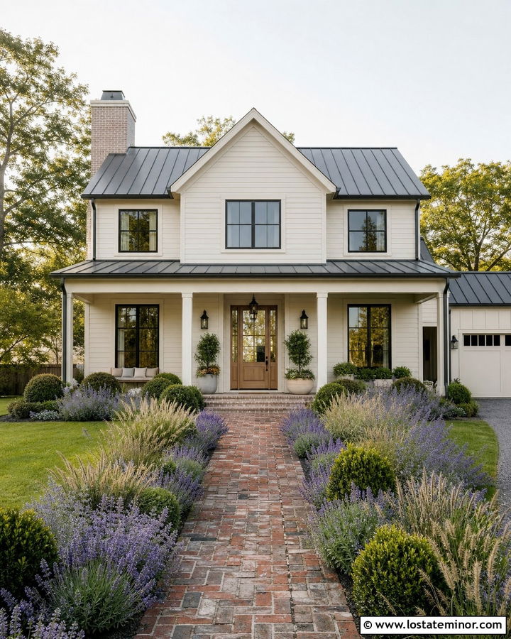 Greige Farmhouse With Reclaimed Brick Walkway - 30 Greige House Design With Walkway Ideas