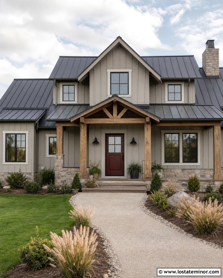 Greige Farmhouse With Red Dutch Door - 30 Greige House Design With Dutch Door Ideas