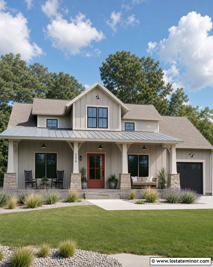 Greige Farmhouse With Rust Front Door - 30 Greige House Design With Entry Door Ideas
