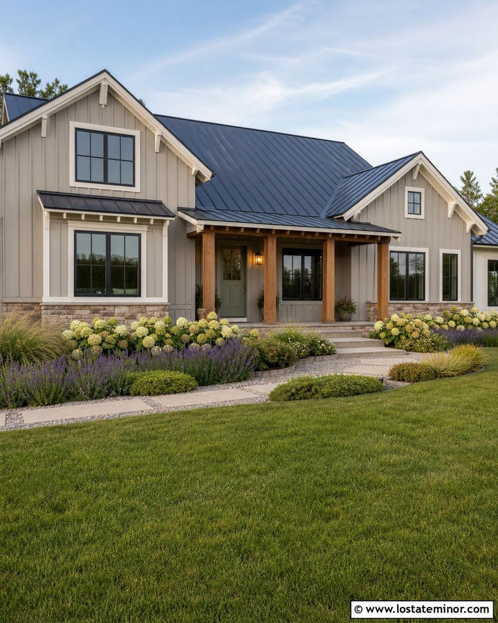 Greige Farmhouse With Sage Green Front Door - 30 Greige House Design With Front Door Ideas