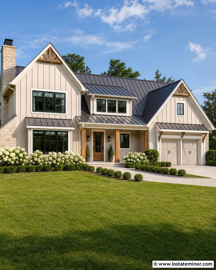 Greige Farmhouse With White Hydrangeas - 30 Greige House Design With Front Yard Ideas