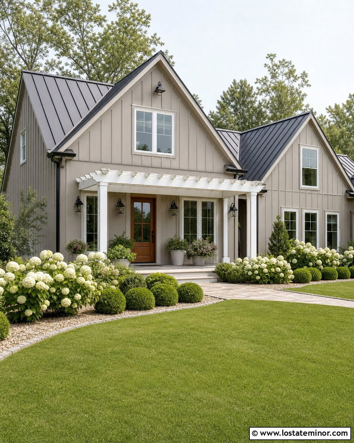Greige Farmhouse With White Pergola - 30 Greige House Design With Pergola Ideas
