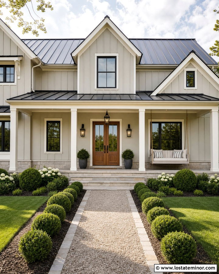 Greige Farmhouse With White Porch Swing - 30 Greige House Design With Swing Ideas