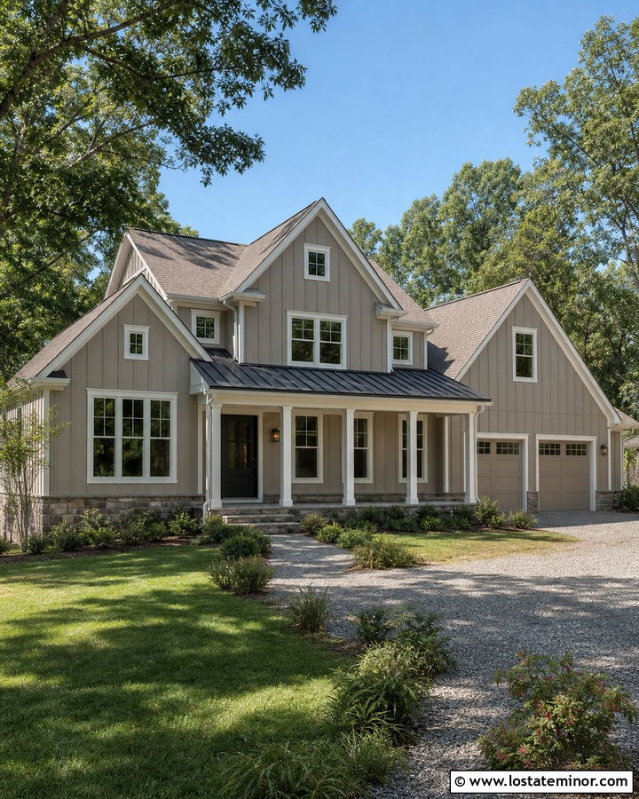 Greige Farmhouse With White Window Frames - 30 Greige House Design With Window Frames Ideas