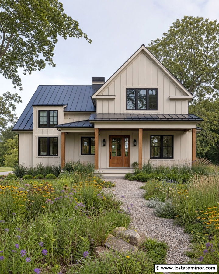 Greige Farmhouse With Wildflower Landscaping - 30 Greige House Design With Landscaping Ideas