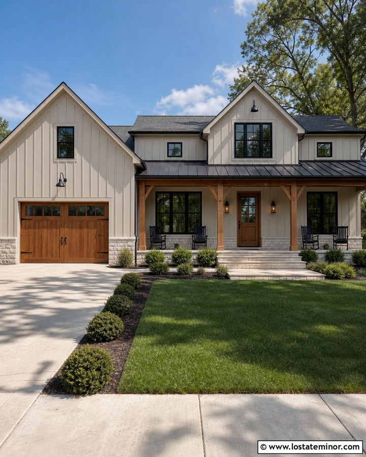 Greige Farmhouse With Wood Garage Door - 30 Greige House Design With Garage Door Ideas