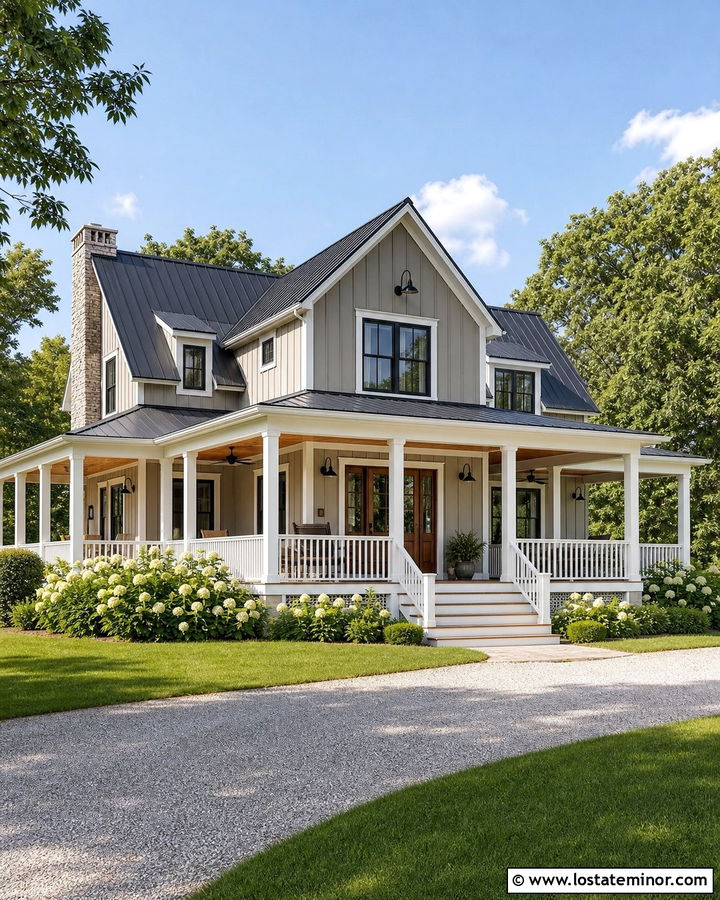 Greige Farmhouse With Wraparound Front Porch - 30 Greige House Design With Front Porch Ideas