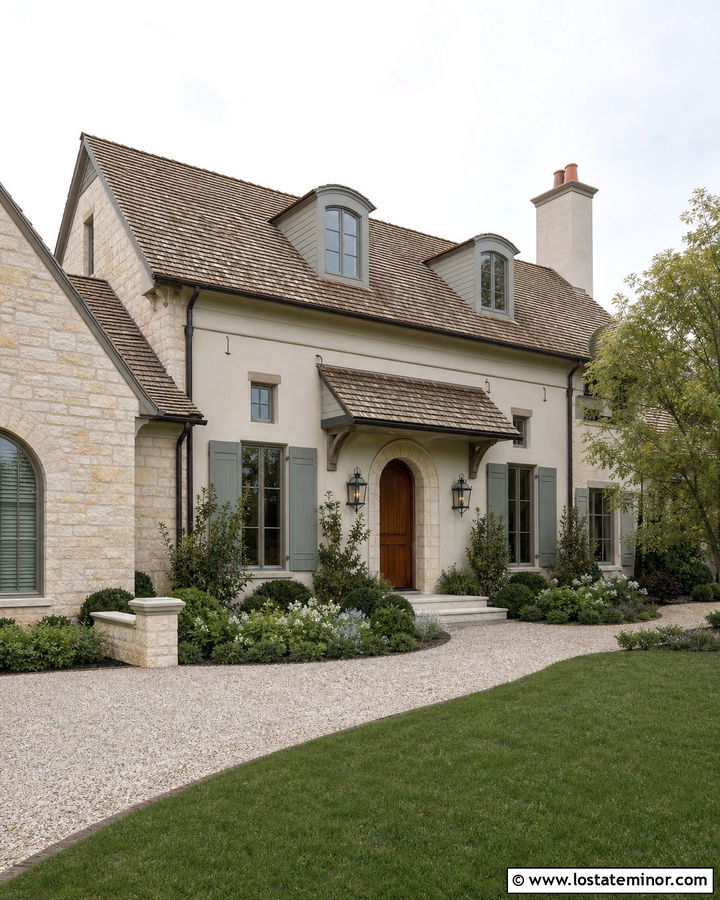 Greige French Country House With Cedar And Limestone - 30 Greige House Design With Cedar Shake Ideas