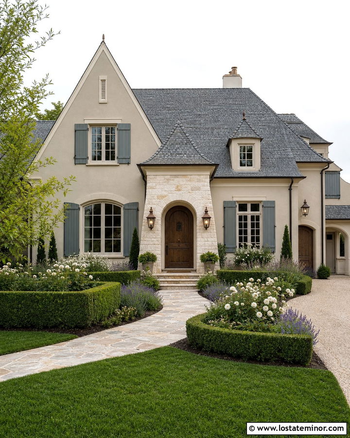 Greige French Country House With Gables - 30 Greige House Design With Gables Ideas