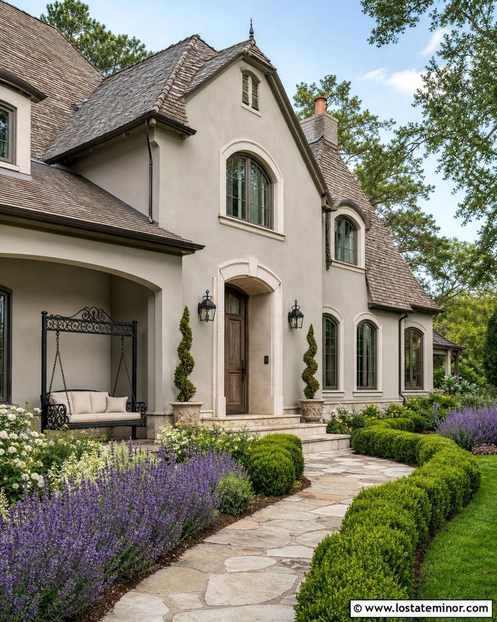 Greige French Country House With Iron Swing - 30 Greige House Design With Swing Ideas