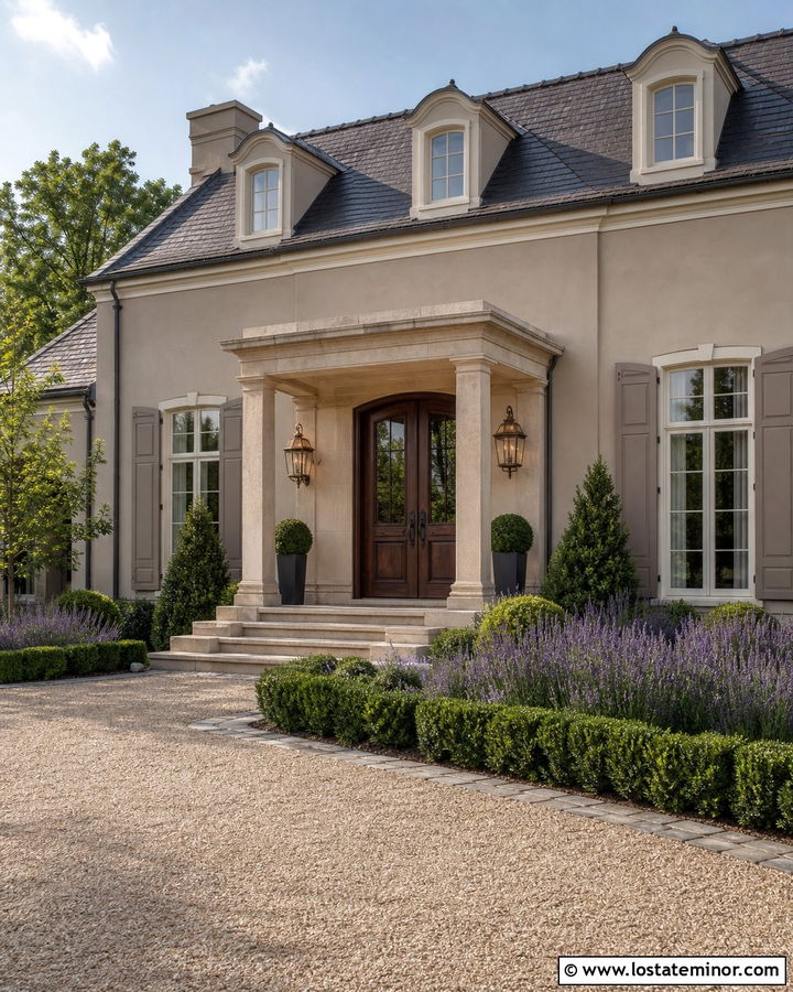 Greige French Country House With Limestone Porch - 30 Greige House Design With Front Porch Ideas