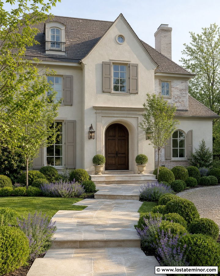 Greige French Country House With Limestone Walkway - 30 Greige House Design With Walkway Ideas