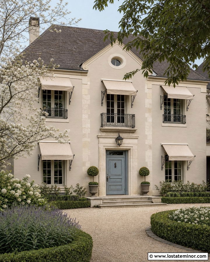 Greige French Country House With Linen Awning - 30 Greige House Design With Awning Ideas
